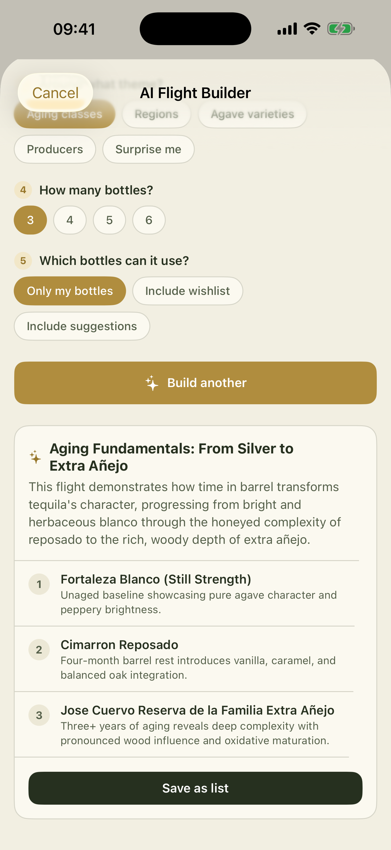 The flight builder in Tahona: a goal, a bottle count, and a finished flight with numbered pours and a note on what each one shows.